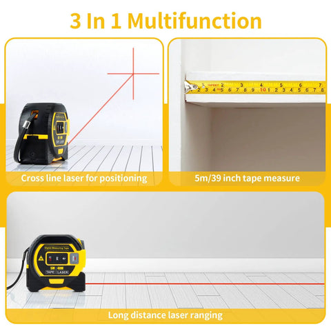 3 In 1 Digital Laser Tape Measure And Level Combo, 100m Laser Distance Meter With Cross Line Laser Level, 328ft Range, 16ft Digital Tape, Pro Grade Contractor Tool For Fast, Accurate Measurements On Job Sites. Cross-line laser and 5m tape in use