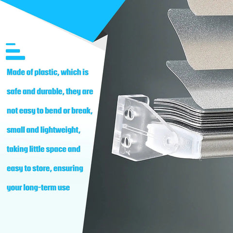 Crystal Clear Window Blind Hold Down Brackets No Sweat Mini Plastic Tension Clips For Roller Shades And Blinds Quick Setup Sturdy Home Hardware showing clear plastic clip holding roller shade.