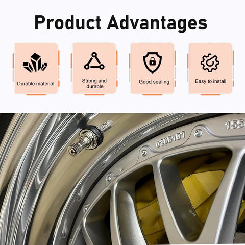 Beefy Brass Tire Valve Stem 1.5 Inch With Rubber Gasket in car rim, showing durability and easy installation features.