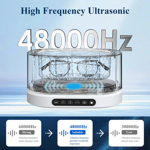 48KHz Ultrasonic Jewelry Cleaner With Five Cleaning Modes for eyeglasses, featuring 500ML stainless steel tank.