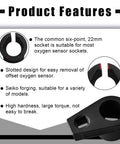 Universal Offset Oxygen Sensor Socket For 3/8 Inch Drive By 7/8 Inch 22mm with side wire gate, black chrome-molybdenum steel.