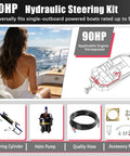 Hydraulic Steering Kit For Boats Up To 90HP With 24 Ft Hose System Pump And Cylinder No Helm Included displayed with 90HP label and components