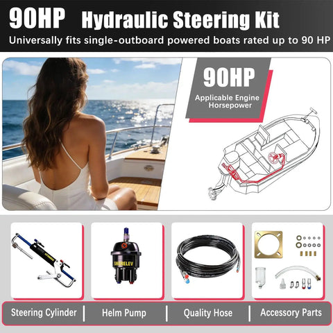 Hydraulic Steering Kit For Boats Up To 90HP With 24 Ft Hose System Pump And Cylinder No Helm Included displayed with 90HP label and components
