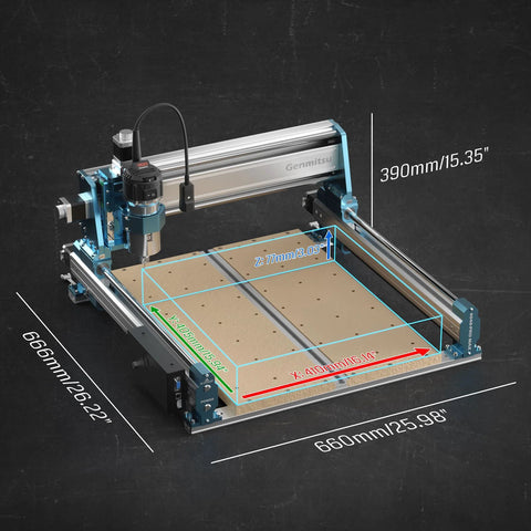 Genmitsu 4040-PRO MAX CNC router with aluminum frame and blue accents; 410×405×77 mm work area