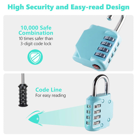 Four Digit Outdoor Combination Padlock With Set Your Own Code, Built Tough Weatherproof Zinc Alloy Body And Hardened Steel Shackle with easy-read design and secure 10,000 combination options in aqua sky color