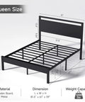 Dimension details of Modern Queen Bed Frame With Solid Wood Headboard And Metal Platform Base, Sturdy Industrial Style Sleeper.