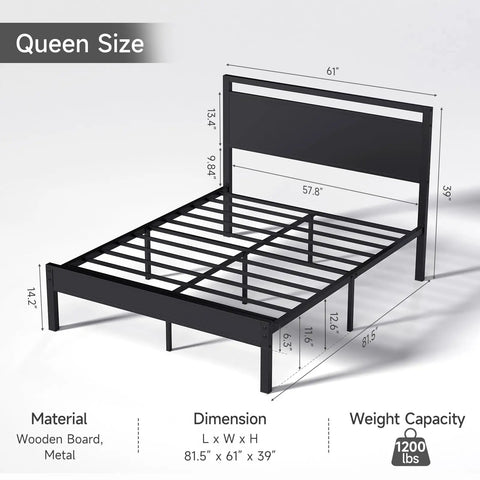 Dimension details of Modern Queen Bed Frame With Solid Wood Headboard And Metal Platform Base, Sturdy Industrial Style Sleeper.
