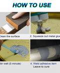 Metal glue epoxy adhesive by Amazon; heavy-duty waterproof repair with four-step guidance: clean, squeeze, stir, cure