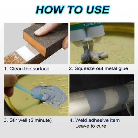 Metal glue epoxy adhesive by Amazon; heavy-duty waterproof repair with four-step guidance: clean, squeeze, stir, cure