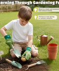 Child using Kids Gardening Tool Set For Ages 3 To 6 With Tote Bag Gloves Shovel Rake Cultivator Watering Can And Flower Pots