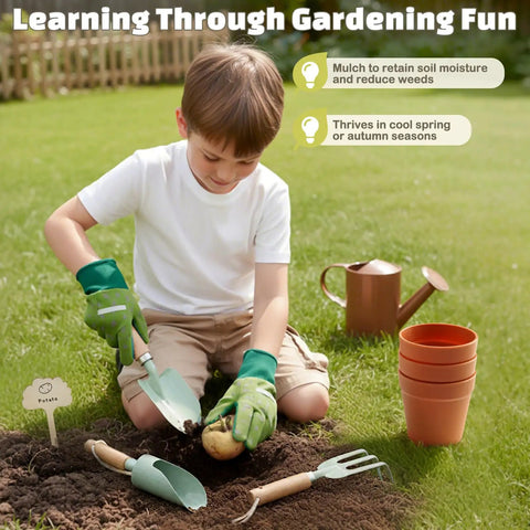 Child using Kids Gardening Tool Set For Ages 3 To 6 With Tote Bag Gloves Shovel Rake Cultivator Watering Can And Flower Pots