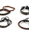 Handcrafted Hemp Cord And Genuine Leather Bracelet With Rustic Wooden Beads Adjustable Unisex Chain Straight Fire Jewelry laid out in four styles