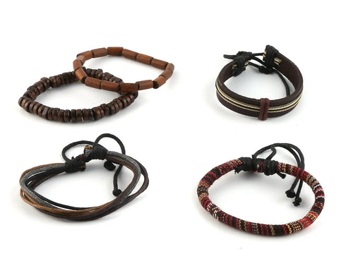 Handcrafted Hemp Cord And Genuine Leather Bracelet With Rustic Wooden Beads Adjustable Unisex Chain Straight Fire Jewelry laid out in four styles