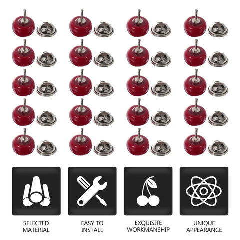 20 Piece Set Of Hidden Clothes Buttons With Resin Cherry Safety Brooch Closures For Shirts Pants And Hats arranged neatly.