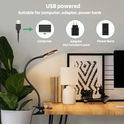 Clip On LED Reading Light With 36 LEDs on desk, USB powered, flexible gooseneck in dorm room setting, ideal for study and reading.