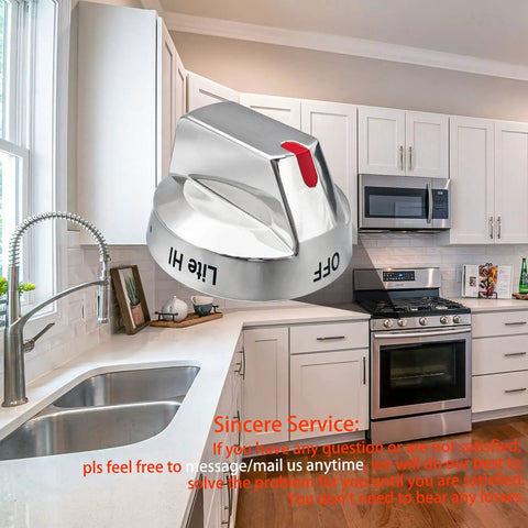Burner Dial Knob Replacement For Samsung Range Oven Gas Stove NX58F5700WS NX58H5600SS, close-up with kitchen backdrop