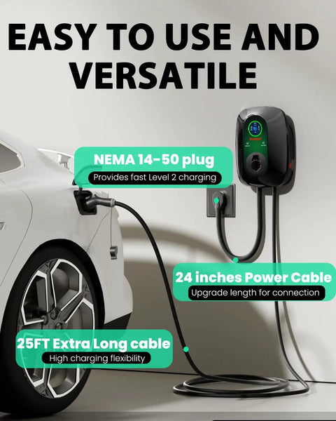 Rock Solid Level 2 EV Charger 40 Amp Wall Mounted J1772 Station With Nema 14-50 Adapter 9.6Kw Smart Schedule Charging connected to a vehicle.