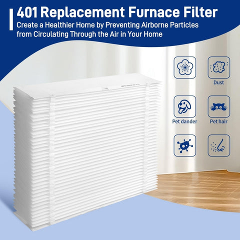 401 Replacement Filter next to icons showing dust, pet dander, and pet hair filtration with focus on the purifier efficiency.