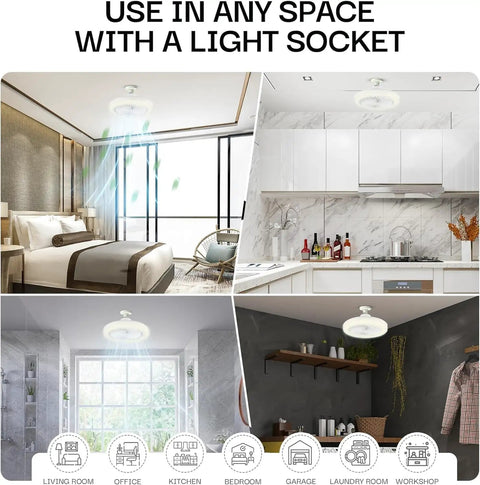 SocketAir Wireless Ceiling Fan Light With Remote Extender 110 To 120 Volts 2100 Lumens Three Fan Speeds Three Light Settings 6500K shown installed in bedroom kitchen laundry room and garage settings