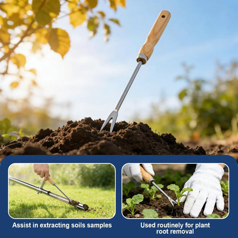 36 Inch Stainless Steel Soil Sampler Probe With T Handle For Precise Core Sampling in garden soil with leafy background