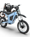 Full Send Electric Dirt Bike Built Around A Mean 2000W Motor And Tough 21Ah Battery Hits 37 Mph Using Three Speed Modes Perfect For Adult Teen Weekend Ripper Trail Adventures with blue chassis and black bike in background.