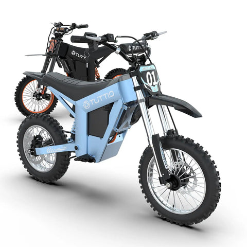 Full Send Electric Dirt Bike Built Around A Mean 2000W Motor And Tough 21Ah Battery Hits 37 Mph Using Three Speed Modes Perfect For Adult Teen Weekend Ripper Trail Adventures with blue chassis and black bike in background.