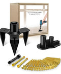 Slick Squeaky Floor Repair Kit With Fifty Heavy Duty Joist Screws And Five Simple Tools displayed with tools and screws.