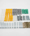 Colorful assortment of 200 Piece Drywall Anchors And Screws Set Ten Sizes Heavy Duty Plastic Wall Anchors And Carbon Steel Screws.