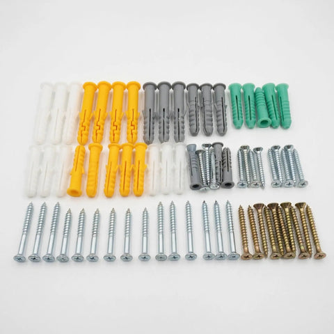 Colorful assortment of 200 Piece Drywall Anchors And Screws Set Ten Sizes Heavy Duty Plastic Wall Anchors And Carbon Steel Screws.