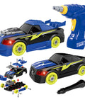 26 Piece Take Apart Racing Car Set With Electric Drill Lights And Sounds Hands On STEM Building Toys for Kids, blue and black components
