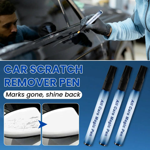 Person using Magic Pen Car Scratch Remover, Professional Car Paint Scratch Repair Tool on vehicle, shows two-pack of pens.