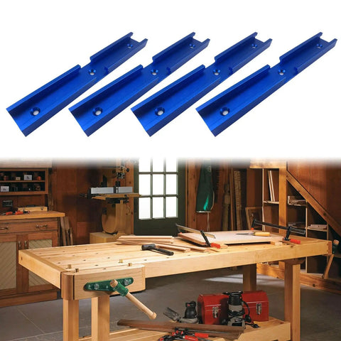Awesome 4 Piece Woodworking T Slot Tracks Aluminum Jig Set With Pre Drilled Holes laid out on a woodworking bench.