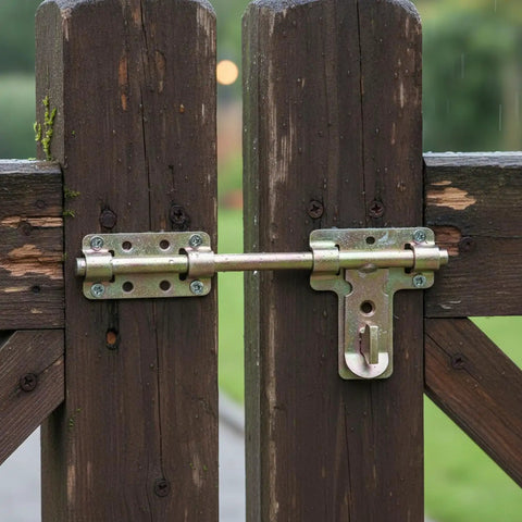 Vihyrax Gate Latch Slide Bolt Lock, 1 PC mounted on wooden gate, galvanized steel construction for outdoor use.