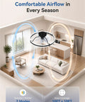 Modern 24 Inch Low Profile Ceiling Fan With Dimmable LED Light And Wireless Remote Slick Black Design in living room showing airflow directions.