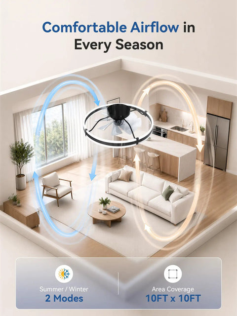 Modern 24 Inch Low Profile Ceiling Fan With Dimmable LED Light And Wireless Remote Slick Black Design in living room showing airflow directions.