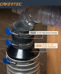 Rock Solid 4 Inch To Two Half Inch Hose Cone Reducer Pack For Dust Collection Systems showing 4 to 2-1/2 inch cone reducer in use with clamps.