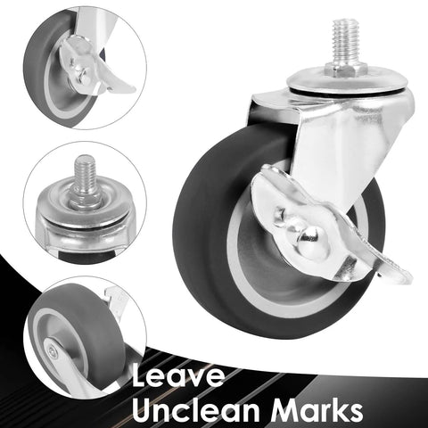 Heavy Duty 3 Inch Stem Casters Set Of 4 With Brakes, close-up of swivel wheel with M8 thread, 3 in diameter