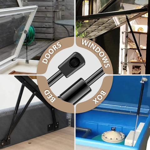 12 Inch 24 Lb 107 N Gas Shock Strut Lift Support For Tool Box Truck Cap Camper Shell Topper Rear Window RV Cabinet Doors Set Of 2 C16 03795 C1603795 shown installed in various applications for doors and windows.