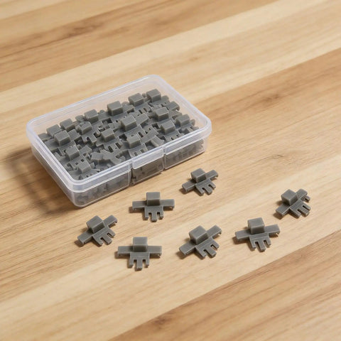 50 Pack Cabinet Hinge Restrictor Clips, 90 Degree Stop For Soft Close Hinges to prevent slams, displayed on wooden surface