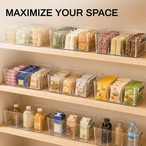 Clear Pantry Organizers And Storage Bins With Quick Adjust Dividers, Super Sturdy Fridge Containers for kitchen shelving filled with snacks.