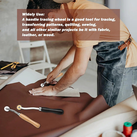 Man using Two Size Tracing Wheel Set With Wooden Handle Stainless Steel Pounce Wheel For Sewing Patterns on fabric