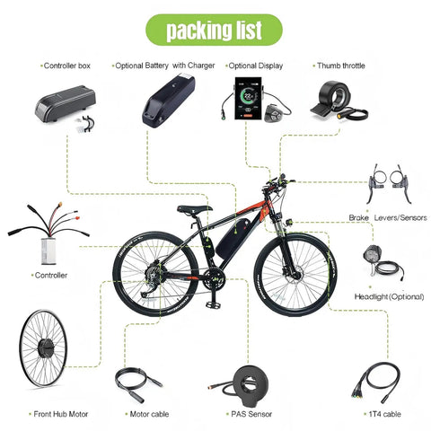 Front Hub Electric Bike Conversion Kit 48V 500W For 26 Inch And 700C Wheels With LCD Display Four Riding Modes Easy Install Optional Battery packing list and components