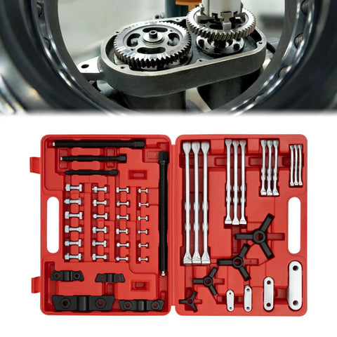 Heavy Duty Gear Puller Set With 2 3 Jaw Bearing Puller Kit Featuring Reversible Jaws For 3 4 6 8 Inch Hub Separator Using Hardcore Alloy Steel Build That Will Not Bend Under Pressure It Is A Badass Choice For Gearhead Crew Upgrade Garage Tools. red case with bearing puller parts, bolts, and jaws