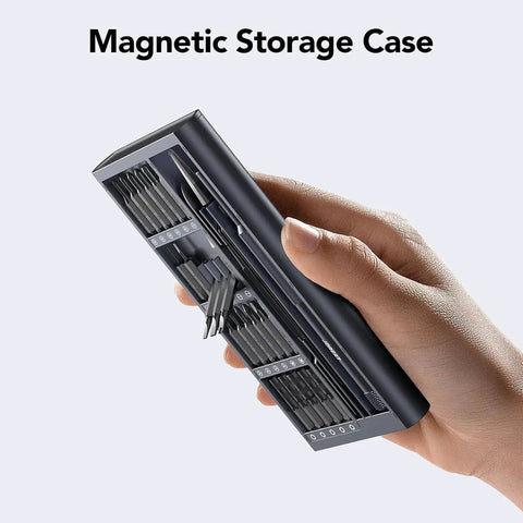 Hand holding Grab And Go 50 In 1 Precision Screwdriver Set With Security Torx And Magnetic Mini Repair Kit with magnetic case.