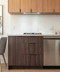 Black 25 Pack 5 Inch Hole Center Cabinet Handles and 6 Inch Edge Pulls for Cabinets and Dressers Modern Aluminum Alloy Finger Pulls visible on wooden kitchen cabinets
