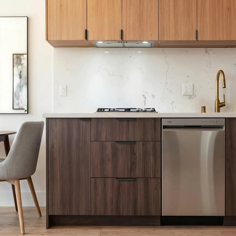 Black 25 Pack 5 Inch Hole Center Cabinet Handles and 6 Inch Edge Pulls for Cabinets and Dressers Modern Aluminum Alloy Finger Pulls visible on wooden kitchen cabinets