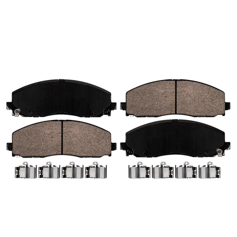 Front Brake Kit With 12.99 Inch Rotors And Ceramic Pads For Chrysler Pacifica Town And Country Voyager Dodge Journey Grand Caravan Ram CV Replacement Brakes That Stop Smoothly And Last Longer, showing four ceramic brake pads and clips.