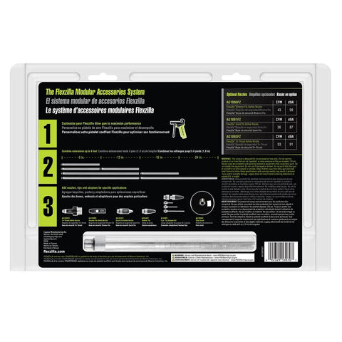 Back packaging of X1 Blow Gun Kit 10 Piece ZillaGreen With Easy Grip Aluminum Body showing modular accessories system details.