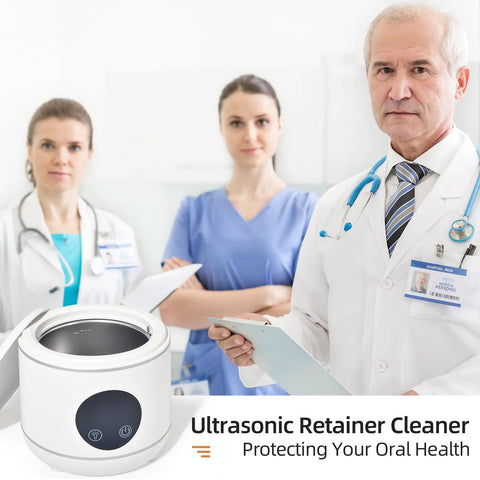 Pro Grade Retainer And Dental Appliance Ultrasonic Cleaner With Three Cleaning Modes 42000 Hz High Frequency Cleaning 20W Power 230 ml Tank White YKL At Home, white unit in clinic