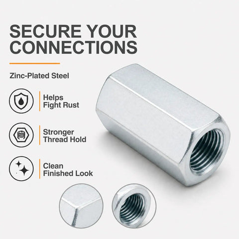Heavy Duty 1/2-13 Hex Coupling Nut Set With Zinc Plated Carbon Steel Rod Connectors 1-3/4 Inch Length 30-Piece Industrial Joint Kit
